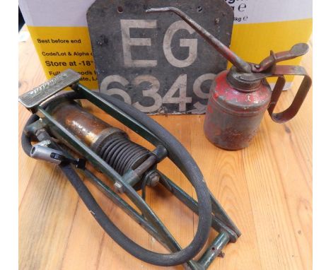 A Holdtite tyre pump, Sadlers GPO Spring balance scales, oil can, USA Lite torch, Pifco lamp, pair of Starlite bicycle lamps 