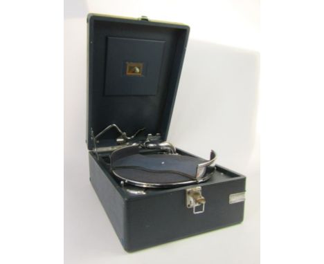 An HMV table top gramophone, for Harrods Ltd, No 42527, blue cased, 41cm x 29cm x 16cm.