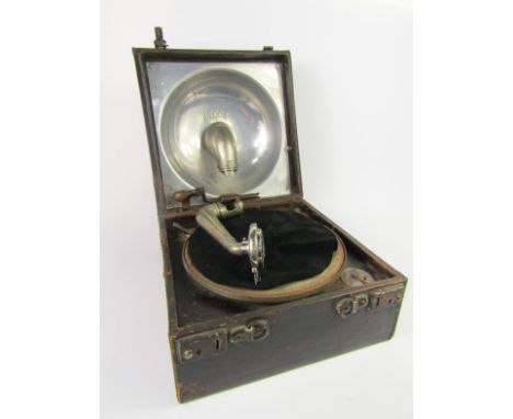 A Decca Diana Junior table top gramophone, black leather bound case, 30cm x 30cm x 21cm.