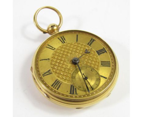 A William IV 18ct gold cased open faced pocket watch, key wind, engraved floral dial bearing Roman numerals, subsidiary secon