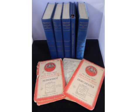 Motor Repair and Overhauling, vols 1-4 with data sheets, published by George Newnes, circa 1947-48, and five Ordnance Survey 