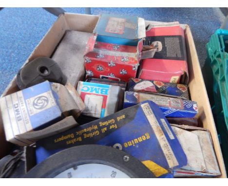 Vintage and collectable car parts, including headlights, SU carburetor, Lucas ampere meters and tools.