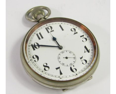 A Swiss Goliath plated pocket watch, keyless wind, enamel dial bearing Arabic numerals, subsidiary seconds dial, No 144686, 9