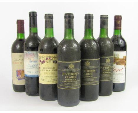 Wine, three bottles of Justerinis Claret Bordeaux, Morgan Furze claret, Justerime house claret, and two further bottles of cl