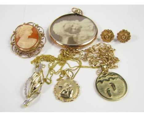 A 9ct gold circular photo locket, 9ct gold pendant on a belcher chain, cherub pendant on chain, marked 14ct, further pendant 