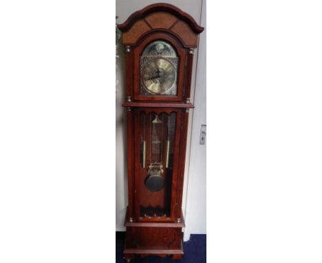 A Bentima oak cased grandmother clock, brass broken arch dial bearing Roman numerals, two twin movement, the case with a shap
