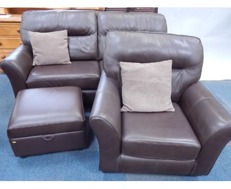 A modern brown leather two seater sofa, and a matching armchair, and a pouffe, (3).