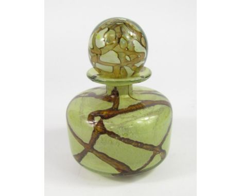 A Michael Harris Mdina glass decanter and stopper, of cylindrical form, yellow with brown root decoration, signed Mdina, 16cm