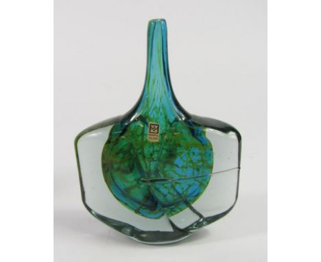 A Michael Harris Mdina glass Axe vase, turquoise with yellow trailing, signed Mdina, white paper label, 18cm high.