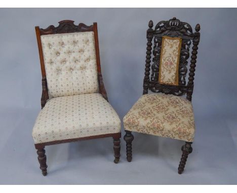 A Victorian oak Carolean style side chair, with a pierced carved back, padded seat on bobbin turned legs, and a Victorian wal