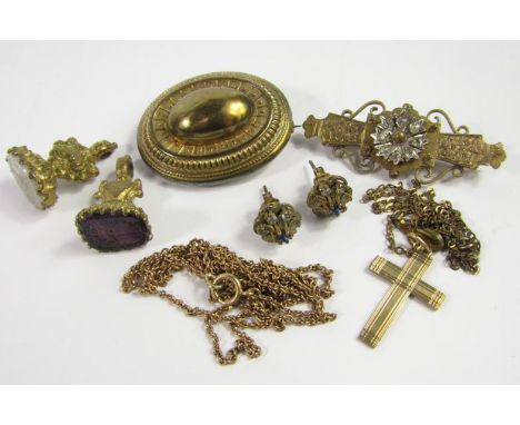 Two Victorian intaglio glass seals, cross on chain, marked 9ct, further chain, brooches and a pair of earrings.