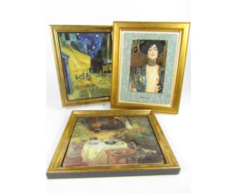 An Artis Orbis Goebel rectangular plaque Judith I, after Klimt, limited edition, 26.5cm x 20cm, and two Bradex plaques; Cafe 