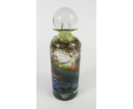 A Michael Harris Isle of Wight glass Aurene decanter and stopper, of cylindrical form, with clear glass trailing, seal mark, 