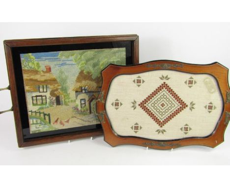 An oak twin handled tray with inset tapestry of a rural hamlet, 50cm x 34cm, and a Lefkara twin handled tray, 45.5cm x 29.5cm