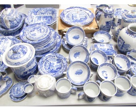 A Copeland Spode blue and white pottery part dinner coffee and tea service, decorated in the Italian pattern, comprising a pa