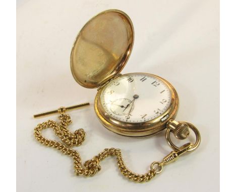 An Elgin gentleman's gold plated hunting cased pocket watch, keyless wind, enamel dial bearing Arabic numerals, subsidiary se