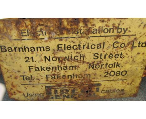 An enamel advertising sign, Electrical Installation by Barnhams Electrical Co Ltd ........ using Firelli cables, 54cm x 66cm.