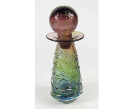 A Michael Harris Mdina glass zig-zag decanter and stopper, of wide necked ovoid form, amethyst through to blue, signed Mdina,