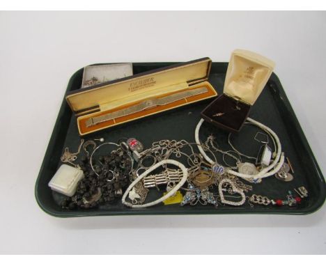 Silver and costume jewellery, including an Excalibur lady's wristwatch, gate bracelet, rosary, earrings, pendants and rings.