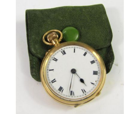 A lady's 18ct gold cased pocket watch, open faced, keyless wind, enamel dial bearing Roman numerals, 28.0g all in.