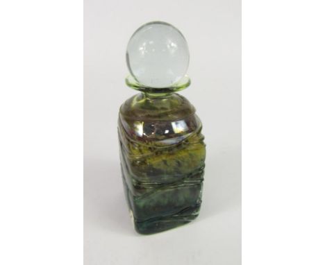 A Michael Harris Isle of Wight glass Aurene decanter and stopper, of square form, with clear glass trailing, seal mark and wh