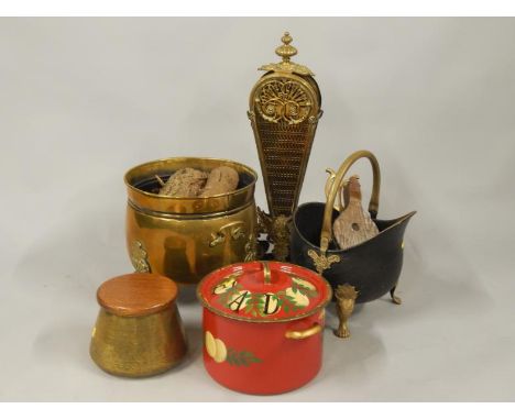 A brass log basket, Middle Eastern brass bowl with wooden lid, bargeware style cooking pot, mesh fire screen, iron and brass 