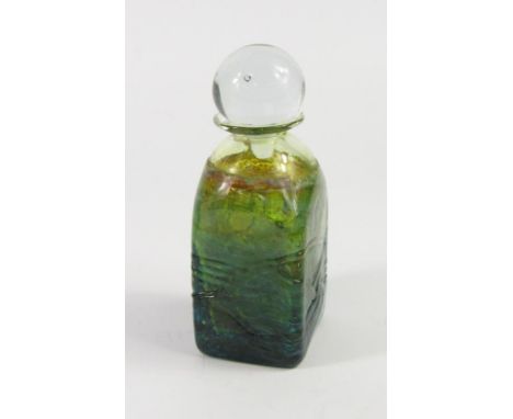 A Michael Harris Isle of Wight glass Aurene decanter and stopper, of square form, with clear glass trailing, seal mark, 15cm 