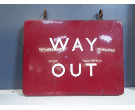 A British Rail maroon enamel Way Out sign, with hanging eyelets, 46cm x 61cm.