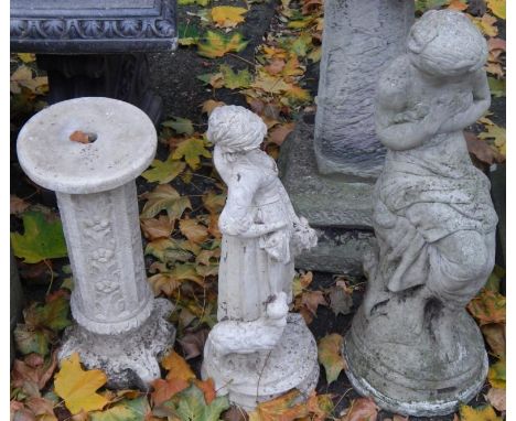 Garden statuary, comprising putto torchere base, classical maiden, shepherdess and lamb, column, and a circular trough, (4).
