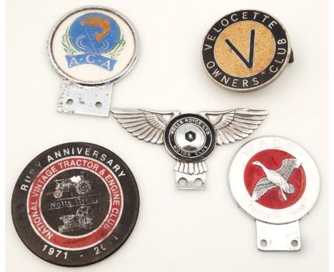 Various car and associated badges, to include Rolls Royce Limited Motor Club, 13cm wide, another for ACA, National Vintage Tr