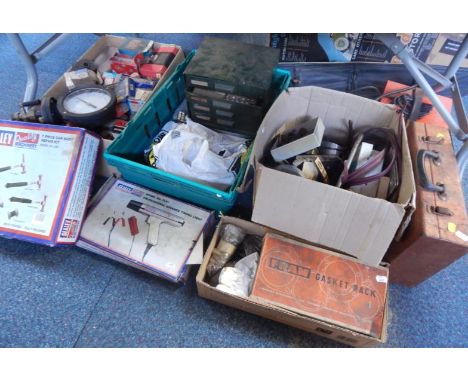 A collection of automotive parts, tools, spares, etc including pressure gauge dials, bulbs, a Sealey Professional Advance tim