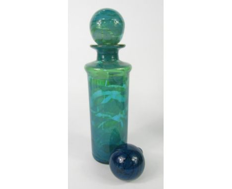 A Michael Harris Mdina glass Ming decanter and stopper, of cylindrical form, turquoise, polished pontil, unsigned, 29cm high,