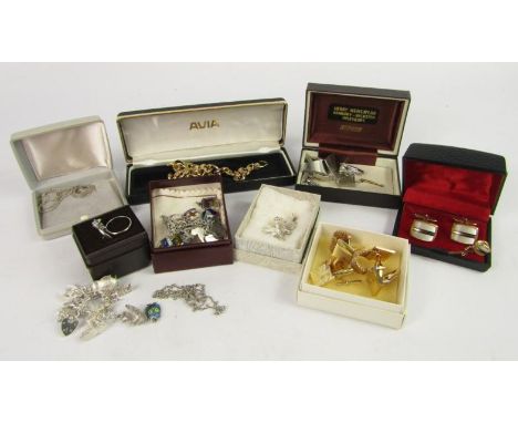 Silver and costume jewellery including gentleman's cufflinks, charm bracelets, St Christopher pendant on chain and a curb lin