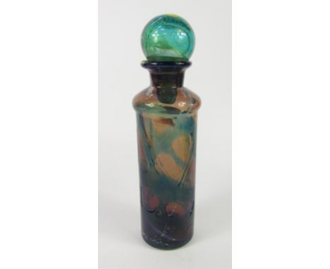 A Michael Harris Mdina glass decanter and stopper, of cylindrical form, lilac with blue trailed decoration, polished pontil, 