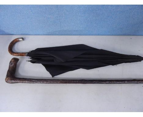 A silver mounted umbrella, a small umbrella and a walking stick, (3).