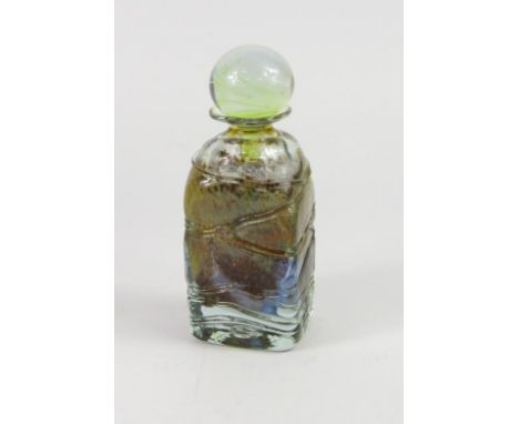A Michael Harris Isle of Wight glass Aurene decanter and stopper, of square form, with clear glass trailing, seal mark and wh