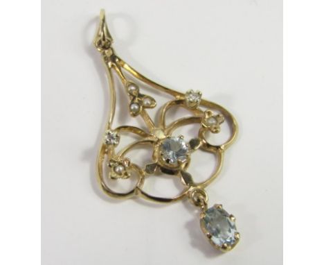 An Art Nouveau style 9ct gold aquamarine diamond and sead pearl pendant, 2.4g. 