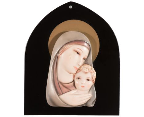 Ceramic tile, "Madonna con bambino", black glass support, 1950s/1960s, H 35x29 cm