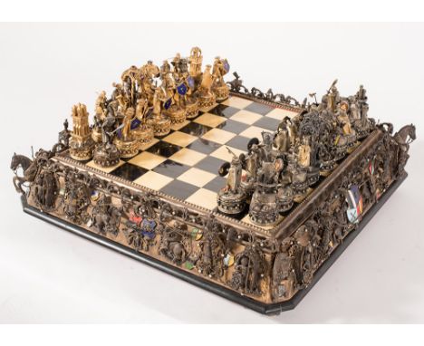 Important Austro-Hungarian Silver Chess Board with enamels and pietre dure, angles with heads of horses; playing surface open