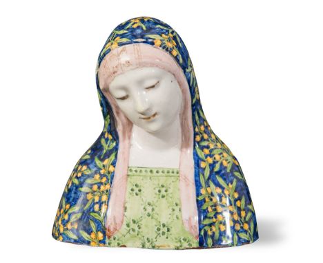 Minghetti polychromed ceramic bust, "Madonna", mark: '*Bologna (Italia)’, Minghetti Manufacture, 20th Century, H cm14.5x13x7.