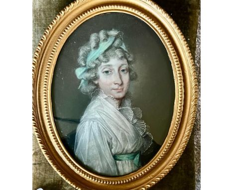 18th CENTURY PORTRAIT OF ANN BACON ALIAS COSNEHAM, PASTEL WITHIN OVAL FRAME, APPROX 30 x 23cm