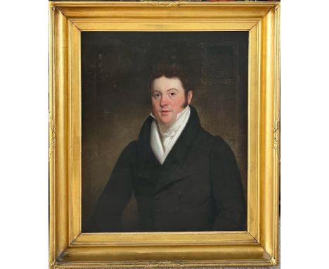 UNSIGNED OIL ON CANVAS PORTRAIT OF VICTORIAN GENTLEMAN WEARING A DOUBLE BREASTED TOP COAT, CIRCA 1850, WITHIN GILDED FRAME, A