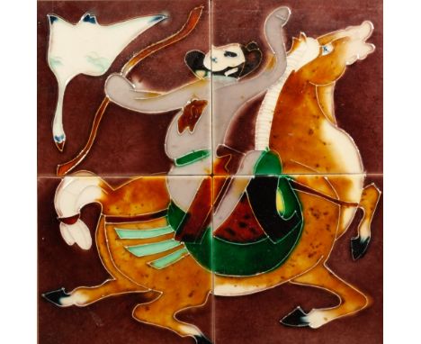 MODERN ORIENTAL TUBE LINED PICTURE ON FOUR CERAMIC TILES, depicting a stylised figure on a Tang type horse, 11 ¾" x 11 ¾" (29
