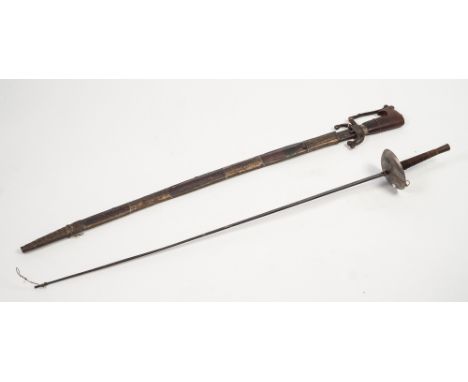 AN AGED AFGHAN OR INDIAN SWORD, with steel hilt and wooden grip, the fullered blade held within a brass mounted leather scabb