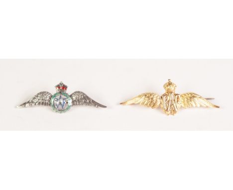 a 9ct GOLD RAF. WINGS BROOCH and a silver (unmarked) with enamel DITTO (2) 