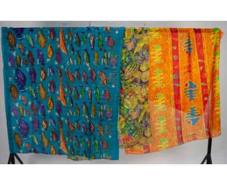 MALDIVE ISLANDS BLUE SILK SHAWL, decorated with named fish, TWO SILK SHAWLS decorated with all-over fruit design and&nbsp; AN