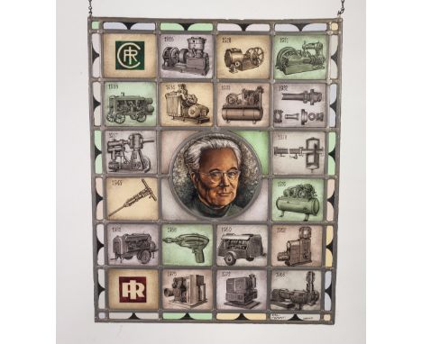 INTERESTING STAINED AND LEADED GLASS ADVERTISING PANEL, comprising of twenty coloured glass oblong panels, depicting pieces o