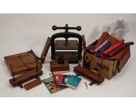 BOOK BINDING EQUIPMENT - TO INCLUDE; a large cast iron BOOK PRESS, a large Dryad Handicrafts GUILLOTINE, two wooden book pres