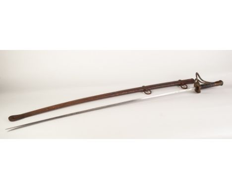 AN UNCOMMON AMERICAN CIVIL WAR PERIOD CAVALRY SWORD in steel scabbard, with openwork brass hilt and bound grip, the hollowed 