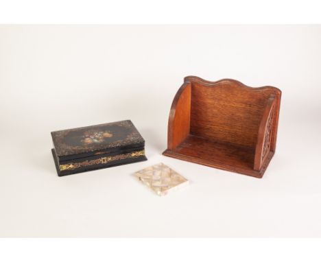 A VICTORIAN PAPER MACHE CASED INCOMPLETE SET OF SEWING REQUISITES, the hinged  (defective ) top painted, gilt and shell inlai